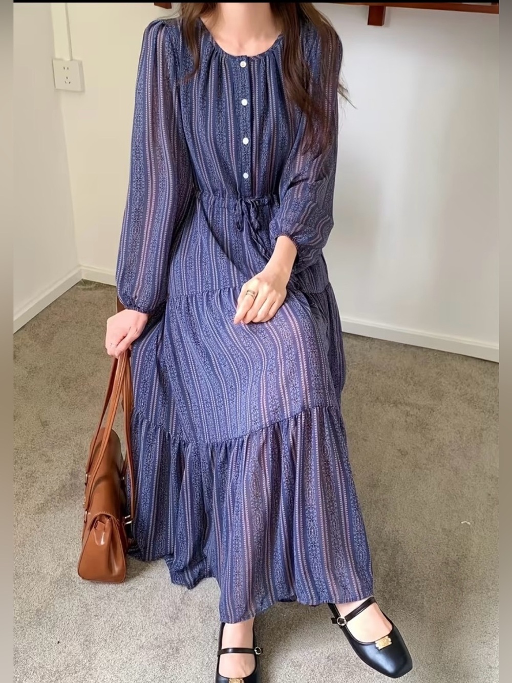 Old world vintage style Navy Stripe Button-Front Maxi Dress - Picture 2 of 3